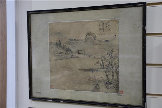 Three Chinese ink paintings after Song and Yuan old masters, largest image excluding brocade border 26.5cm x 32cm